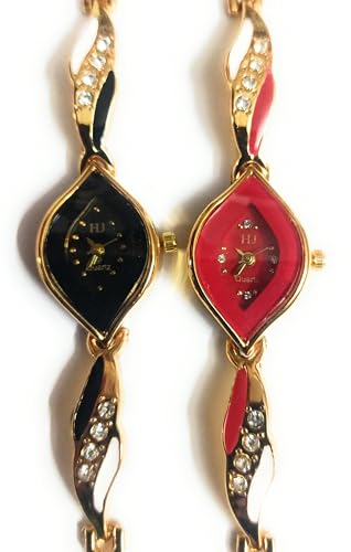 Womens-Fancy-Stone-Wrist-Watches-with-Analog-Dial-Pack-of-2-Black-and-Candy-Red