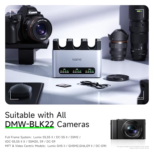 llano PD 30W DMW-BLK22 Cargador de Baterías, 3- Slot Cargador Rápido para Panasonic Lumix DC-S9, GH6, GH7, G9 II, DC-GH5M2, S5 II/S5M2, S5 IIX/S5M2X, con USB-C, Pantalla LED,Carcasa de Aluminio CNC - imagen 3