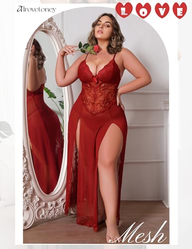 Image of Alrovetoney Plus Size Lingerie For Women Babydoll Sexy Mesh Maxi Nightdress Exotic Sleepwear Side Slits