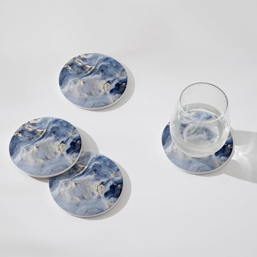 Image of Set of 6 Navy Blue Marble Coasters with Holder,Absorbent Ceramic Coasters for Drinks, Coasters with Cork Backing for Table Protection, Housewarming Gifts for New Home