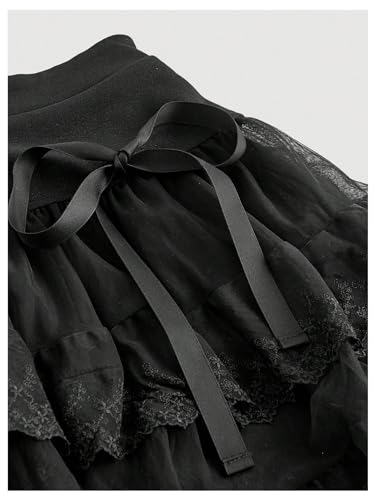 Beaudrm Women'S Y2K Solid Tiered Layer Skirt High Waist Contrast Mesh Lace Tie Bow Front Loose Mini Skirt Cake Skirt Black Medium thumb #3