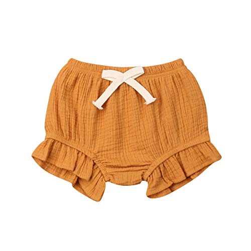 Seyurigaoka Baby Girls Ruffle Bloomer Shorts Toddler Cute Cotton Linen Panty Diaper Covers (A-Brown Bloomers, 3-6 Months)