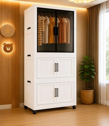 Image of Plastic Wardrobe for Cloths | 3 Layer Stackable Almirah with Hanging Rod, Transparent Doors, Wheels | Foldable Storage Cabinet Organizer for Clothes /Books /Toys