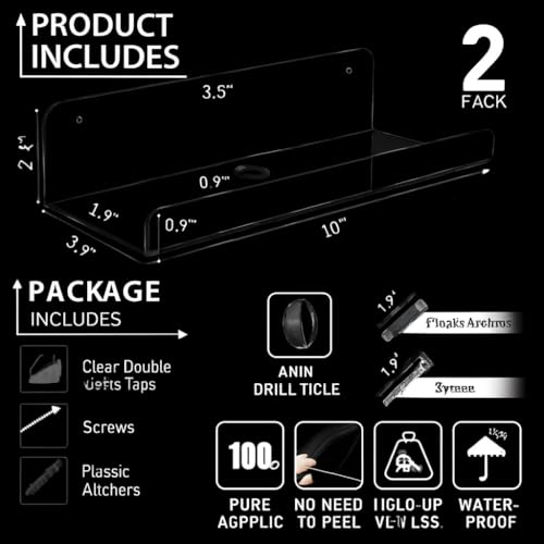 Image of 2-Pack Clear Acrylic Floating Wall Shelves (10 inch) Invisible Minimalist Display Shelves for Bedroom, Bathroom, Kitchen & Office Wall-Mounted Organizer for Books, Decor (Black, 10 In, 2)