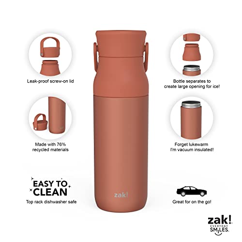 Image of Zak Designs Harmony Water Bottle for Travel or At Home, 32oz Recycled Stainless Steel is Leak-Proof and Vacuum Insulated with Chug Opening and Carry Handle (Sienna Red)
