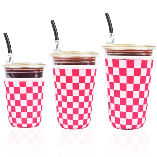 Image of Reusable Insulated Neoprene Iced Coffee Cup Sleeve, Durable Drink Sleeve for Cold Beverages, Beverage Holder for Iced Coffee (Pink Grid)