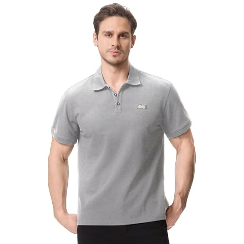 Image of Aureonus Men's Polo Shirts Cotton Outdoor Sport Shirts Sleeve Knitted Stretch Golf Vertical Striped Polo T-Shirt Grey L
