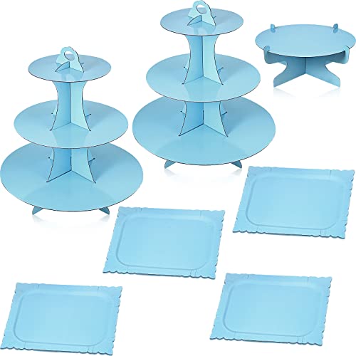 Zopeal 7 Pcs Dessert Table Display Set 3-Tier Cupcake Stand 1-Tier Cup Cake Display Tower Platters and Serving Trays Cardboard Cake Cookie Holders for Wedding Birthday Party Baby Shower(Sky Blue) by Zopeal - Used condition - US$20.71