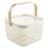 AJIODA Metal Mesh Steel Basket, Storage Organizer Basket Multi-functional Hanging Kitchen Baskets Fruit Basket Bin with Bamboo Handle for Kitchen Bathroom Picnic Shopping Decor Cabinet Home, Beige