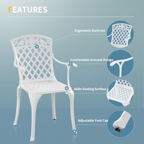 Withniture Outdoor White Cast Aluminum Arm Chair, Set of 2 Patio Dining Chairs, All-Weather Metal Outdoor Chairs w/Armrests, Bistro Chairs Set of 2 for Patio, Deck, Garden, Yard (White C, Set of 2) - Thumbnail 5