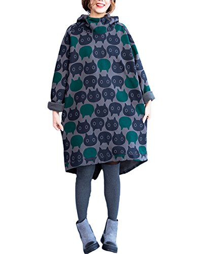 Aeneontrue Women's Hooded Cute Cat Print Pullover High Low Sweatshirt Dress