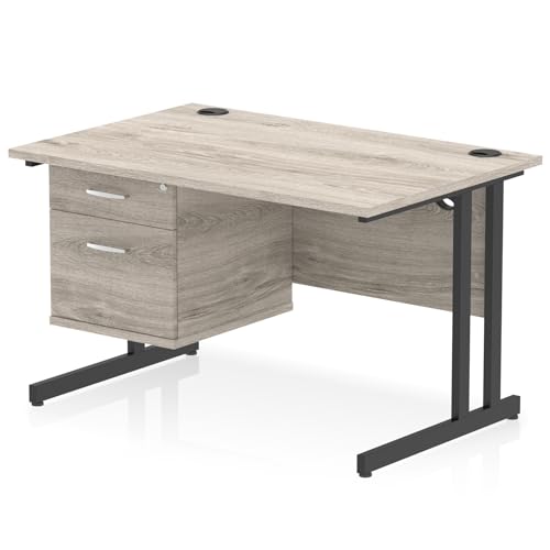 Image of Dynamic Impulse 1200 x 800mm Straight Office Desk Grey Oak Top Black Cantilever Leg Workstation 1 x 2 Drawer Fixed Pedestal