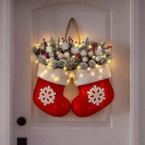 Twinkling Christmas Socks Wreath With LED Lights & Red Berries Pine Cones Branches, ChristmasLighted Wreath For Front Door, Artificial Garland, Christmass Balls Hanging For Party Wall Decoration
