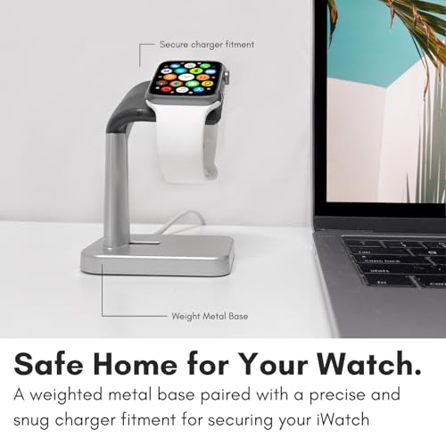 Macally Apple Watch Stand for Series Ultra 10 9 8 7 6 5 4 3 2 1 SE (49mm 45mm 44mm 42mm 41mm 40mm 38mm) - Apple Watch Charger Stand Dock Holder - Sleek Desk iWatch Charging Station - Silver