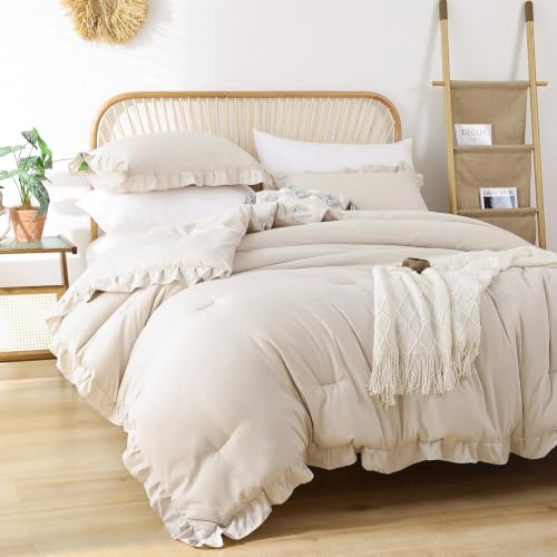 Image of JANZAA Beige Comforter Set Queen - Soft Microfiber, Lightweight All Season Bedding, Ruffle Shabby Chic Aesthetic, Breathable Cozy Bed Set with 2 Pillow Shams, Machine Washable