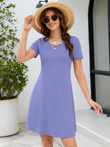 Image of KORSIS Women's Dresses Summer Casual T-Shirt Short Sleeve Criss Cross V Neck Swing Beach Vacation Sundress Dress with Pockets
