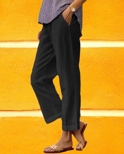 Women Cotton Linen Cropped Pants Summer Classic Straight Leg Casual Elastic High Waisted Wide Leg Pant with Pockets4