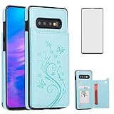 Phone Case for Samsung Galaxy S10 Plus with Tempered Glass Screen Protector and Card Holder Wallet Cover Stand Flip Leather Cell Accessories Glaxay S10+ 10S S 10 10plus S10plus Cases Women Girl Green