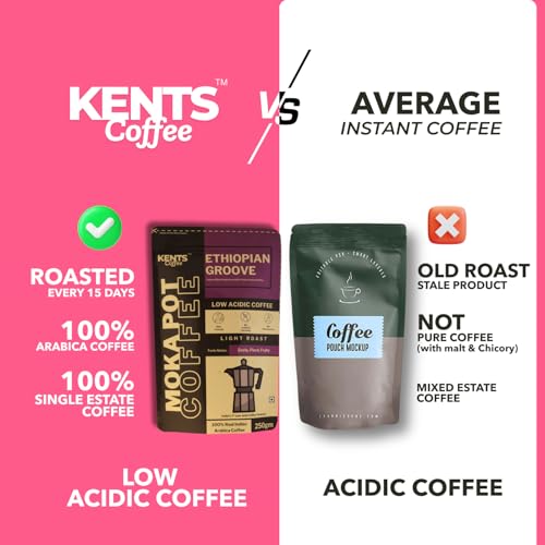 Image of Kents Coffee Ethiopian Groove - Light Roast Medium Fine Grind | LOW ACIDIC COFFEE | For MOKA POT , DRIP MACHINE, FILTER, AEROPRESS, V60 | 100% Arabica Powder | Zesty, Floral, Fruity Notes | Chikmagalur Single Estate | Honey Sundried Arabica | REAL LIGHT ROAST COFFEE (200g)