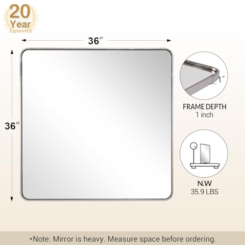 Image of ANDY STAR 36x36 Inch Chrome Mirrors for Bathroom, Chrome Square Bathroom Vanity Mirror, Rounded Mirror, Anti-Rust SUS304, Seamless Tube Metal Frame, 1'' Deep Wall Mounted Vertically /Horizontal