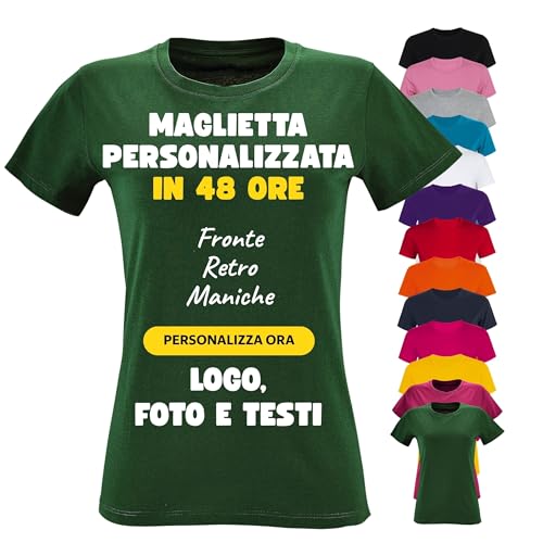 PACDESIGN Maglietta Personalizzata Donna 100% Cotone - Tshirt Personalizzate con Foto, Logo, Nome, Frasi - Regali e Gadget Personalizzati (Verde Bosco - L)