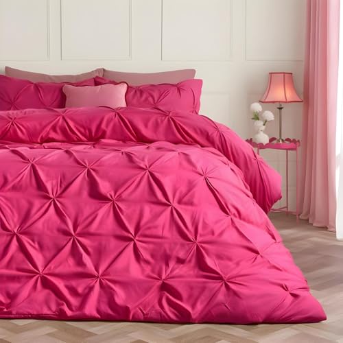Image of OHS Super King Duvet Set, Gifts for Women Super Soft Cosy Warm Microfibre Luxurious Diamond Pintuck Superking Bedding Comfy Modern Easy Care Quilt Cover Set with Pillowcases, Hot Pink