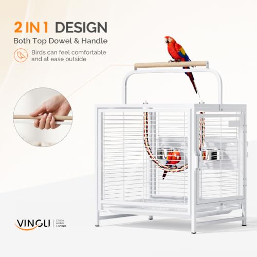 Image of VINGLI Small Bird Cage, 19 inch Travel Carrier Bird Cage with Handle, Wrought Iron Parakeet Cage with Wooden Perch for Parrot Lovebirds Finches Small /Medium Birds (White)