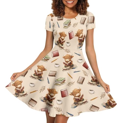 Image of POLERO Sunflower Dress for Women Floral Summer Dresses Short Sleeve Casual Sundresses Midi Dresses