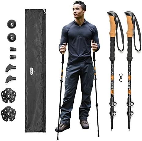 Cascade Mountain Tech Trekking Poles, Shaft Material: Aircraft- grade 6061 Aluminum with Adjustable Locks Expandable to 54" (Set of 2), Cork Grip, Orange, Extended Grip Material: EVA