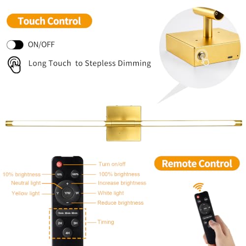 Image of Morauroral 36 Inch Battery Operated Wall Sconces Set of 2, Dimmable Battery Wall Sconce with Remote Control, Painted Gold LED Rechargeable Sconces, Modern Wireless Wall Lights for Bedroom, Living Room