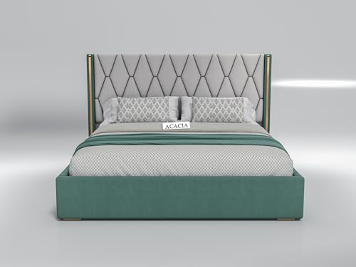 Image of Acacia Modern Upholstered Queen Size Bed with Box Storage for Bedroom | Wooden Double Bed with Storage | Platform Cot Bed with Upholstery Premium Fabric | 6.5 x 5 Ft, Sheesham Wood (Greendust & White)