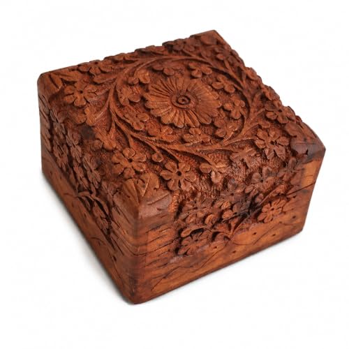 Ajuny Boîte À Souvenirs En Bois Sculptée À La Main De Motif Floral 10x10 cm