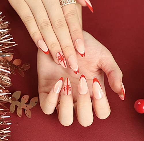JUSTOTRY 24 Pcs Almond False Nails Short, White French Press on Nails with Wavy Pattern, Swirl Fake Nails Short with Nail Glue, Oval Stick on Nails for Women, Nails Fake Nail for Nails Art