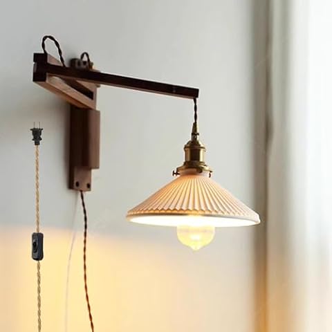 Retro Plug in Wall Sconces Japanese Style Ceramic Folding Lamp Wall Lights Wood Rotating Fixture Brass Base E26 Screw Wall Lighting (Walnut) Cover