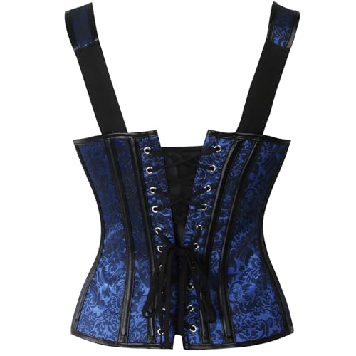 Kimring Women's Gothic Retro Jacquard Peasant Shoulder Straps Spiral Steel Boned Vest Bustiers Overbust Corset with Lightly Cup Blue Medium