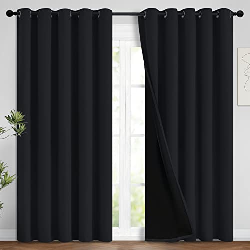 Image of Yakamok 100% Blackout Lined Panels, Thermal Insulated Blackout Curtains for Bedroom, Heat Blocking Drapes for Living Room(62Wx84L, Black, 2 Panels)