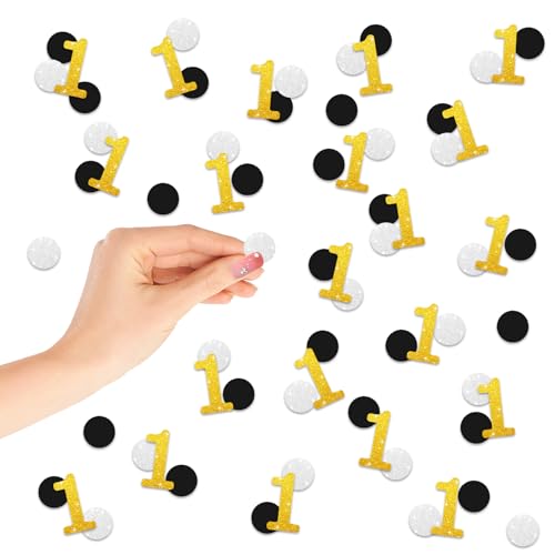 Number 1 Confetti, Gold Glitter 1st Birthday Table Confetti, 200pcs Black Silver Dots Paper Scatters, Gold One Cut Out for 1st Anniversary Party Table Decoration