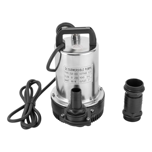Submersible Pump DC 12V Sewage Dirty Water Pump Stainless Steel Durable Drain Sump Celler Pump Submersible PondPump 160 W 6000L/H for Clean Pool and Pond Draining, Immersion Depth 0.5-8 m