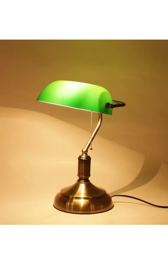 Green Table Lamp with Antique Brass Finish Base of Study Lamp for Computer Work Reading Writing Drafting Crafting Bookkeeping Sewing Knitting & Painting