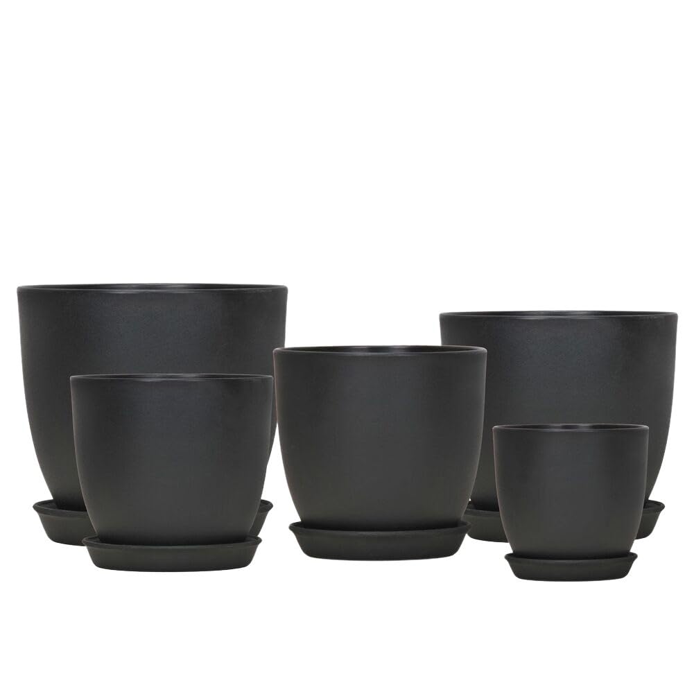 Lot de 10 pots de fleurs en plastique avec soucoupes - 180 x 165 mm - Moderne - Mat - Pour intérieur et extérieur - Décoration de jardin - Noir