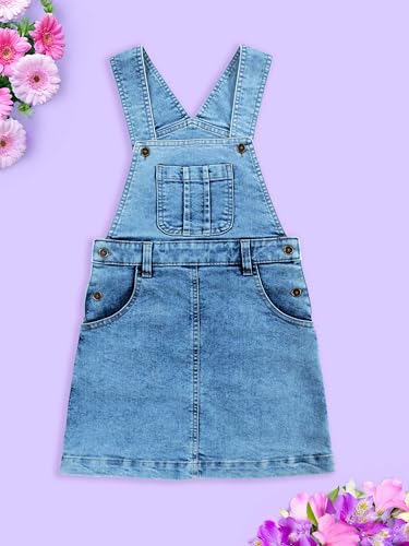 Image of KiddoPanti Girls Solid A-Line Fit Pinafore 5 Pocket Denim Dungaree Skirt