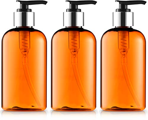 Empty Lotion Bottles 8 Oz. with Black-Silver Pump Dispenser, Light-Amber Color, Great for - Creams, Body Wash, Hand Soap, Self-Tanners, Bronzers and Massage Lotion (Pack of 3)