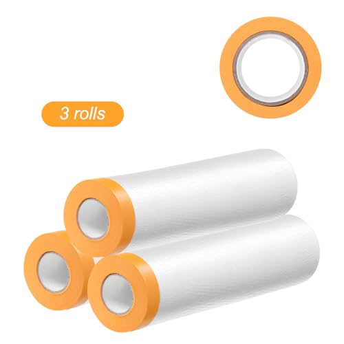 Image of HARFINGTON 3 Rolls Pre-Taped Masking Film 118.1 inch x65.6ft Tape and Drape Painters Plastic Drop Cloth Film with Tape Plastic Sheeting for Automotive Painting Covering