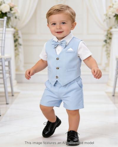 Image of SANGTREE Baby Boy Suit Wedding Ring Bearer Outfits Vest Short Sleeve Bowtie Shirt Suspender Summer Gentleman Shorts Sets