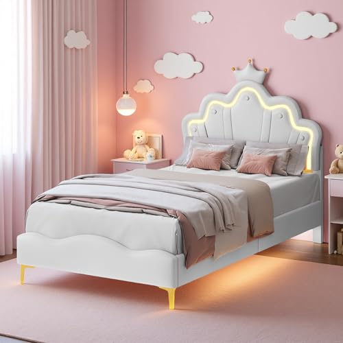 Zorvani Kinderbett 90x200 cm Polsterbett Mädchen, Prinzessin Bett mit Kronen-Kopfteil & LED-Beleuchtung, Einzelbett mit Lattenrost, Jugendbett Höhenverstellbar, PU-Leder