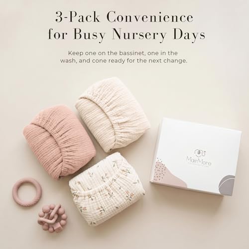 Image of MairMore 3 Pack Muslin Bassinet Sheets for Babies, Soft & Breathable 100% Cotton Fitted Sheets for Oval, Rectangle, Hourglass Bassinet Mattress Pads (Pink Blossom)