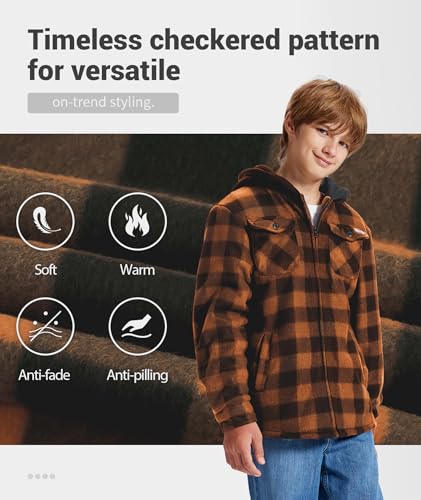 Image of ZITY Boys Flannel Jacket Sherpa Lined Zip Up Hoodie