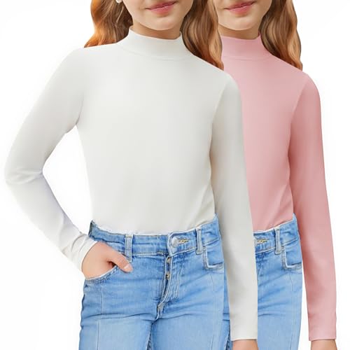 Image of Arshiner Girls 2 Pack Mock Turtleneck Long Sleeve Shirts Slim Fit Layer Top