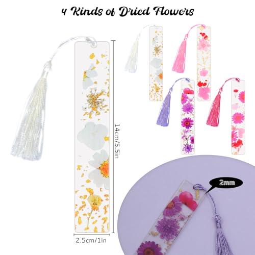 4Pcs Bookmarks for Women Dried Flower Resin Book Marks with Tassels Handmade Transparent Floral Dried Flower Page Marker for Reading Gift Teacher Students Women
