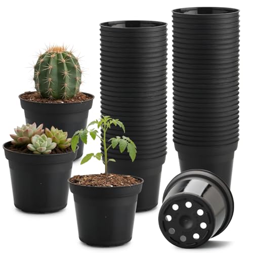 RooTrimmer 3 Inch Plastic Nursery Pots with Drainage Raised Base - Black Flexible Planters for Seedlings 50 Pack Durable & Lightweight for Indoor/Outdoor Gardening